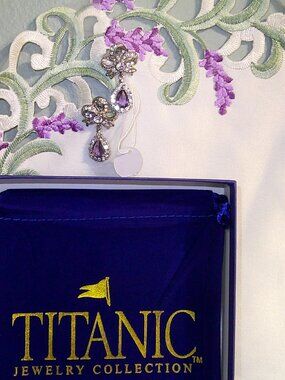 JTV Titanic Jewelry Collection Lucile Carter's Bow Earrings Purple & Crystal NWT